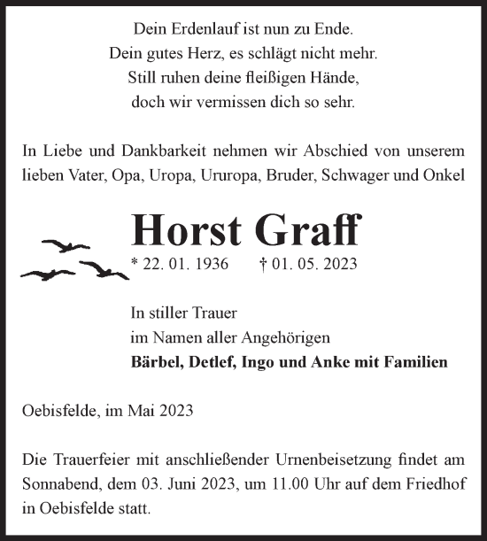 Traueranzeige von Horst Graff von Volksstimme Altmark West