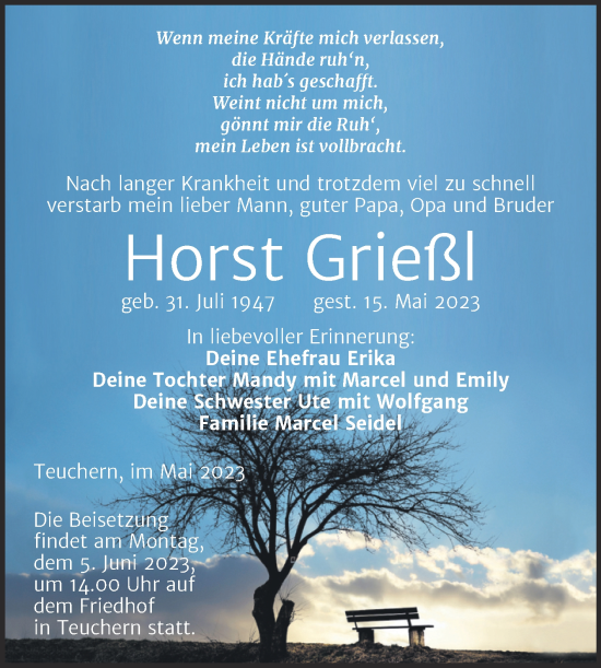 Traueranzeige von Horst Grießl von Trauerkombi Weißenfels