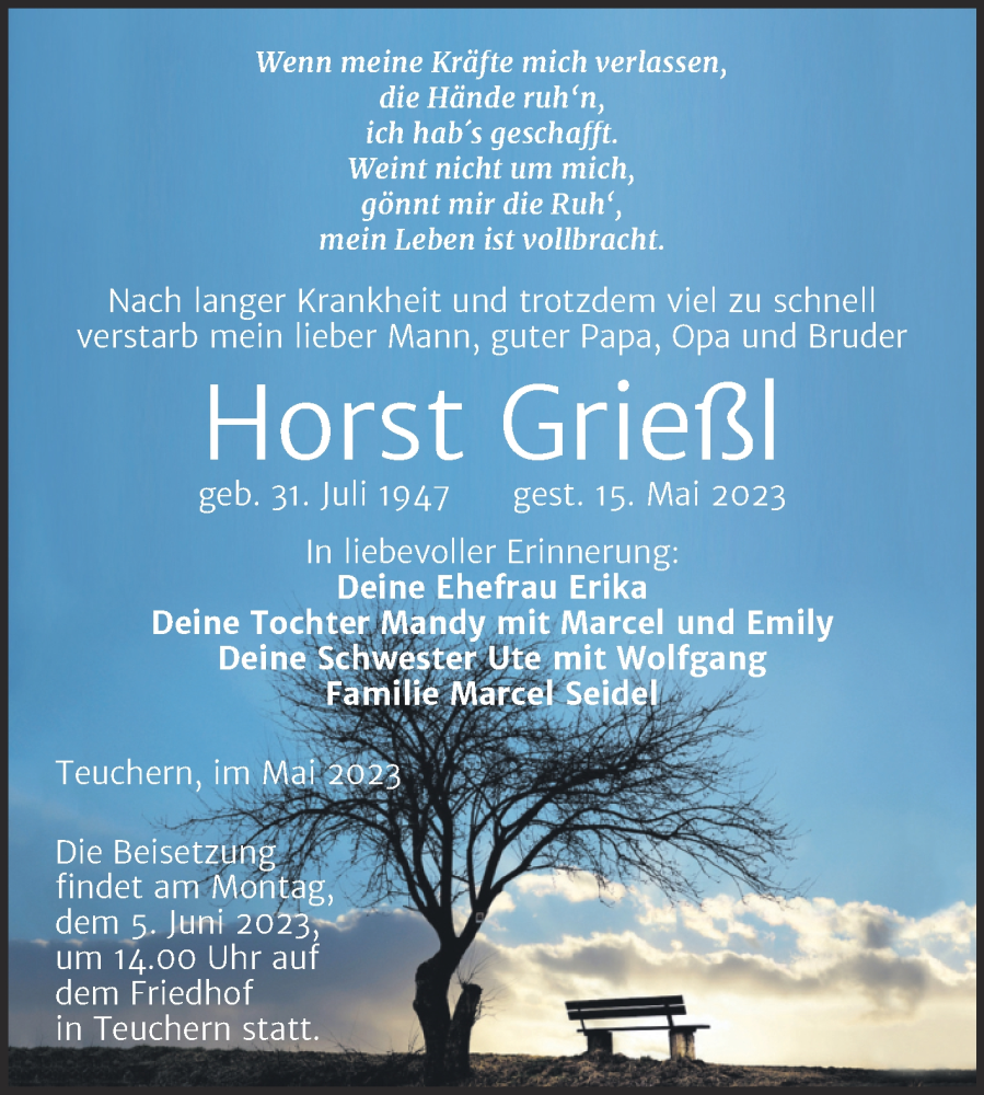  Traueranzeige für Horst Grießl vom 27.05.2023 aus Trauerkombi Weißenfels