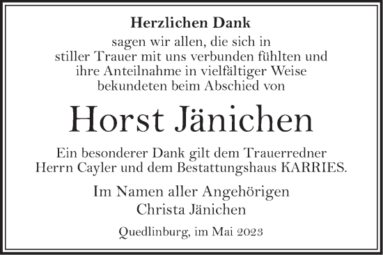 Traueranzeige von Horst Jänichen von Trauerkombi Quedlinburg