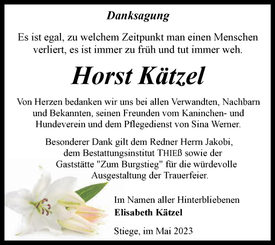 Traueranzeige von Horst Kätzel von Volksstimme Wernigerode