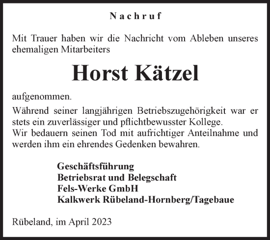 Traueranzeige von Horst Kätzel von Volksstimme Wernigerode