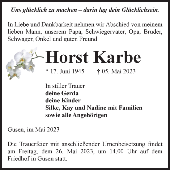 Traueranzeige von Horst Karbe von Volksstimme Burg/Genthin