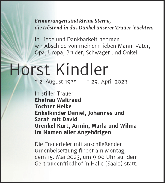Traueranzeige von Horst Kindler von Mitteldeutsche Zeitung Halle/Saalkreis