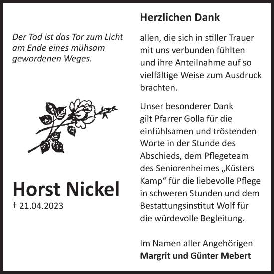 Traueranzeige von Horst Nickel von Volksstimme Wernigerode