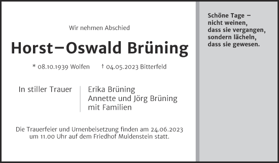 Traueranzeige von Horst-Oswald Brüning von Trauerkombi Bitterfeld