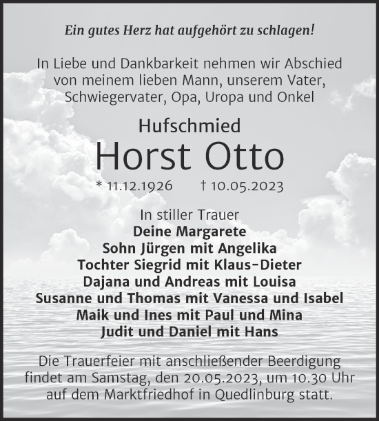 Traueranzeige von Horst Otto von Trauerkombi Quedlinburg