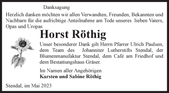 Traueranzeige von Horst Röthig von Volksstimme Altmark Ost