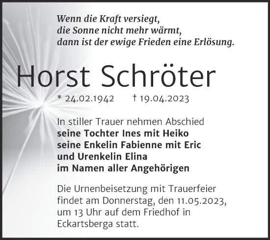 Traueranzeige von Horst Schröter von Wochenspiegel Naumburg/Nebra