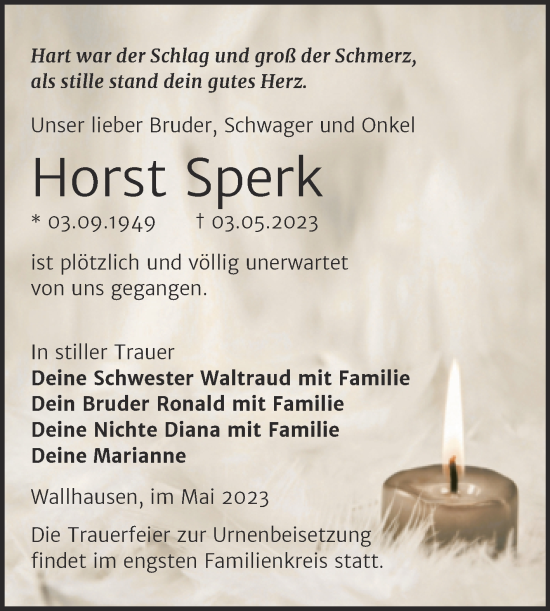Traueranzeige von Horst Sperk von Trauerkombi Sangerhausen