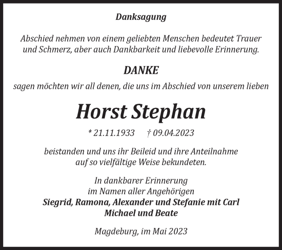 Traueranzeige von Horst Stephan von Volksstimme Magdeburg