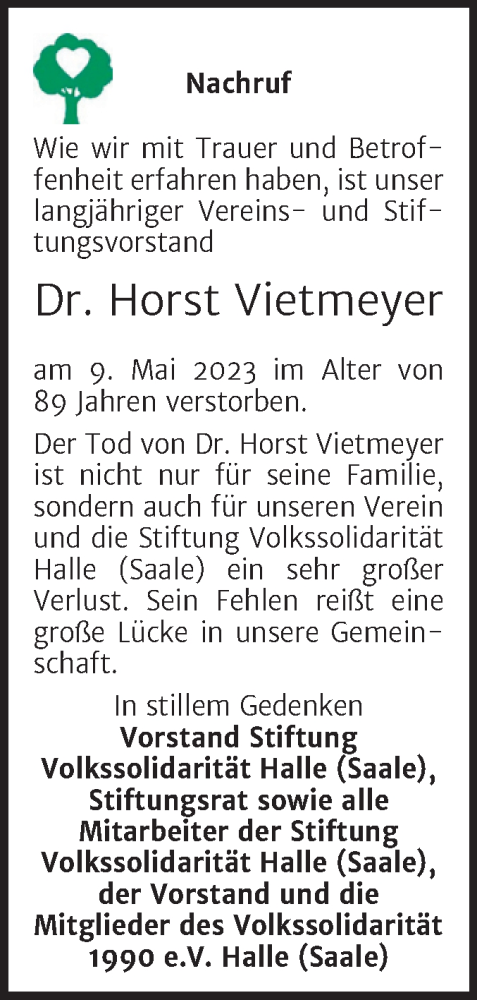 Traueranzeige von Horst Vietmeyer von Mitteldeutsche Zeitung Halle/Saalkreis