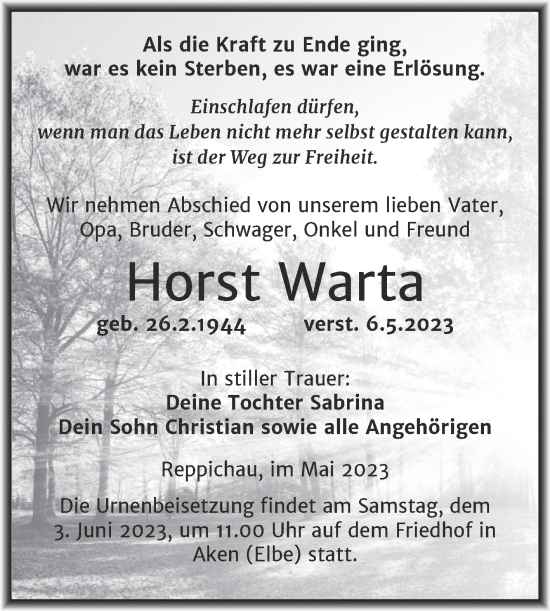 Traueranzeige von Horst Warta von Trauerkombi Köthen