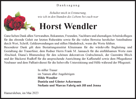 Traueranzeige von Horst Wendler von Volksstimme Oschersleben/Wanzleben