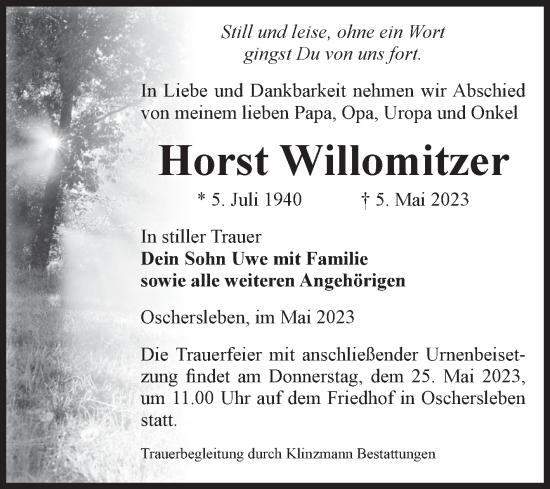 Traueranzeige von Horst Willomitzer von Volksstimme Oschersleben/Wanzleben