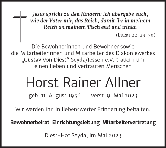 Traueranzeige von Horst Rainer Allner von Super Sonntag Wittenberg