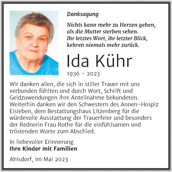 Traueranzeige von Ida Kühr von Trauerkombi Mansfelder Land