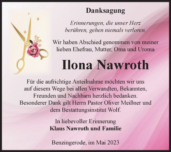 Traueranzeige von Ilona Nawroth von Volksstimme Wernigerode
