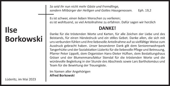 Traueranzeige von Ilse Borkowski von Volksstimme Altmark Ost