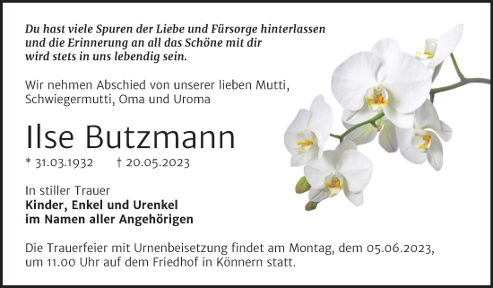 Traueranzeige von Ilse Butzmann von Trauerkombi Bernburg