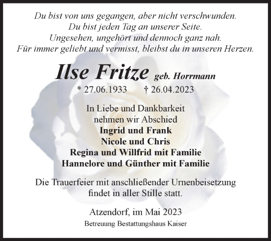 Traueranzeige von Ilse Fritze von Volksstimme Staßfurt