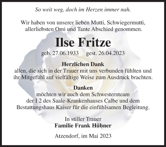Traueranzeige von Ilse Fritze von Volksstimme Staßfurt