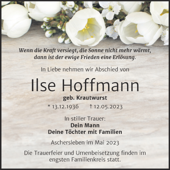 Traueranzeige von Ilse Hoffmann von Trauerkombi Aschersleben
