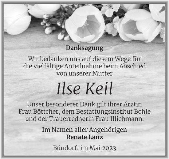 Traueranzeige von Ilse Keil von Trauerkombi Merseburg