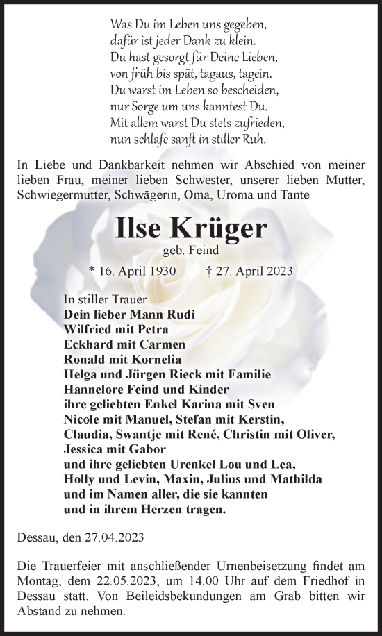 Traueranzeige von Ilse Krüger von Volksstimme Altmark Ost