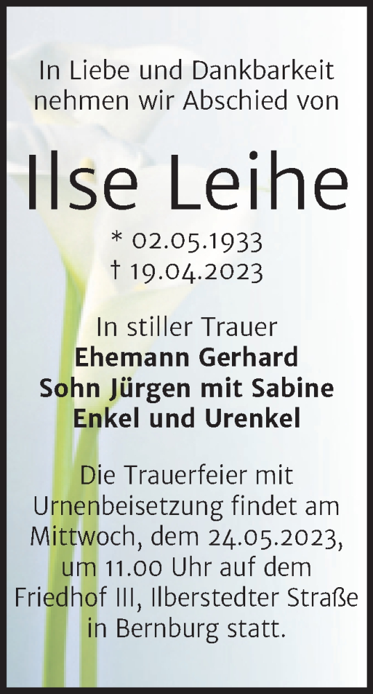 Traueranzeige von Ilse Leihe von Mitteldeutsche Zeitung Merseburg/Querfurt