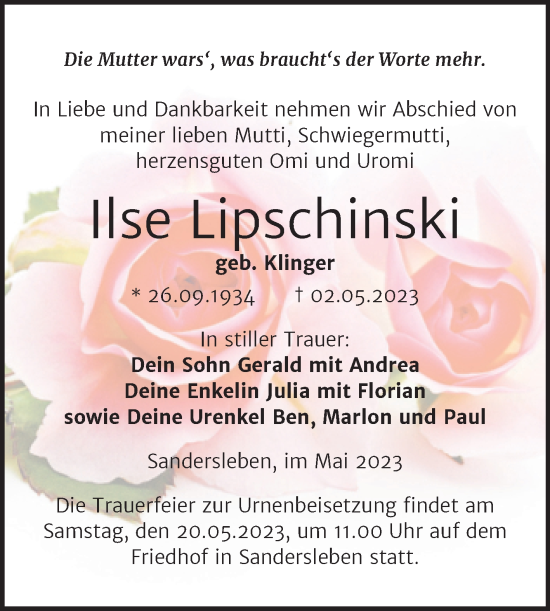 Traueranzeige von Ilse Lipschinski von Trauerkombi Mansfelder Land