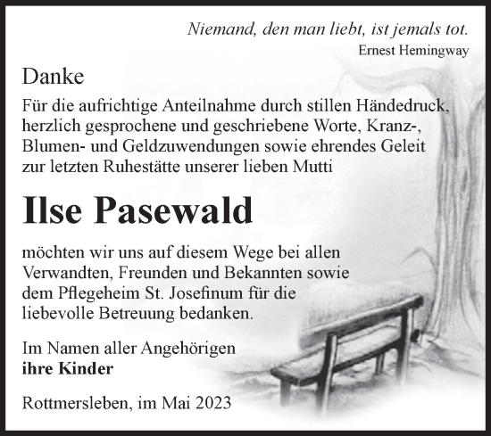 Traueranzeige von Ilse Pasewald von Volksstimme Haldensleben/Wolmirstedt