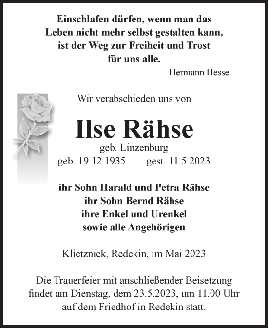 Traueranzeige von Ilse Rähse von Volksstimme Altmark Ost