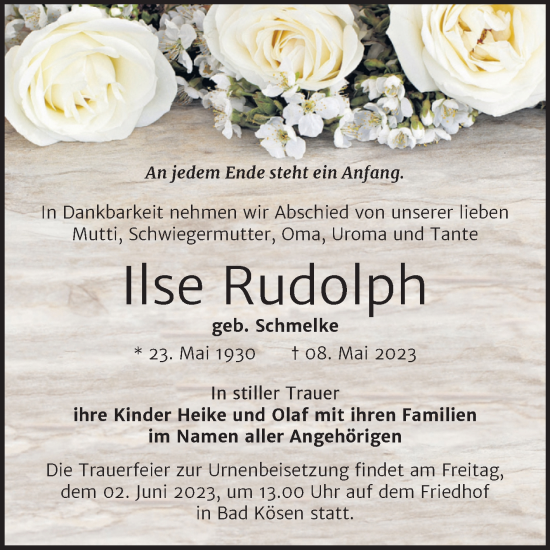 Traueranzeige von Ilse Rudolph von Wochenspiegel Naumburg/Nebra