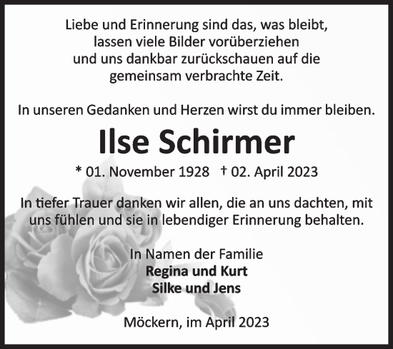 Traueranzeige von Ilse Schirmer von Volksstimme Burg/Genthin