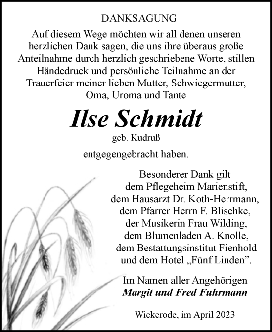 Traueranzeige von Ilse Schmidt von Trauerkombi Sangerhausen