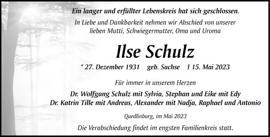 Traueranzeige von Ilse Schulz von Trauerkombi Quedlinburg