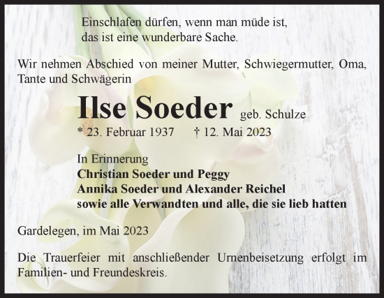 Traueranzeige von Ilse Soeder von Volksstimme Altmark West