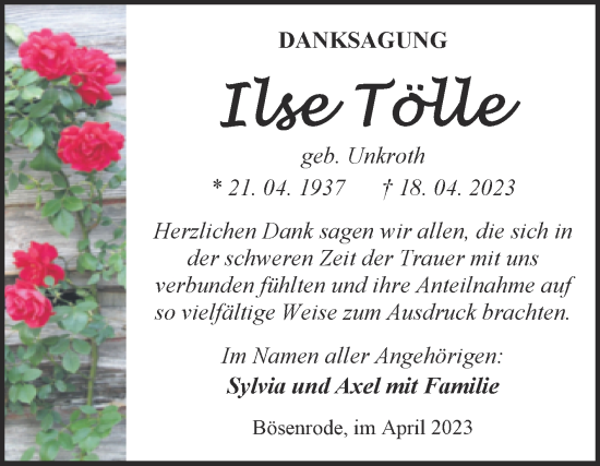 Traueranzeige von Ilse Tölle von Trauerkombi Sangerhausen