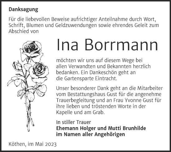 Traueranzeige von Ina Borrmann von Trauerkombi Köthen