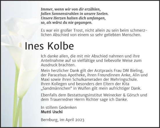 Traueranzeige von Ines Kolbe von Trauerkombi Bernburg