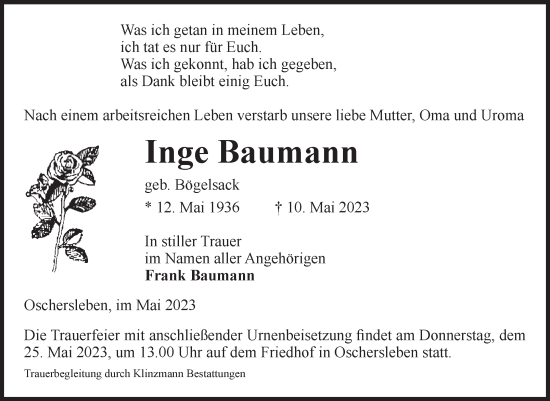 Traueranzeige von Inge Baumann von Volksstimme Oschersleben/Wanzleben