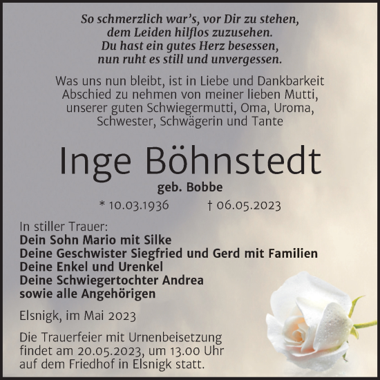 Traueranzeige von Inge Böhnstedt von Trauerkombi Köthen