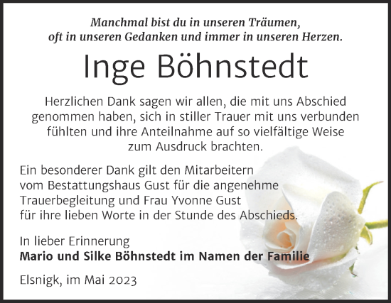 Traueranzeige von Inge Böhnstedt von Trauerkombi Köthen