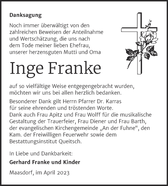 Traueranzeige von Inge Franke von Trauerkombi Köthen