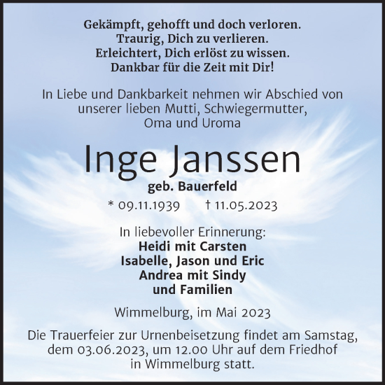 Traueranzeige von Inge Janssen von Trauerkombi Mansfelder Land