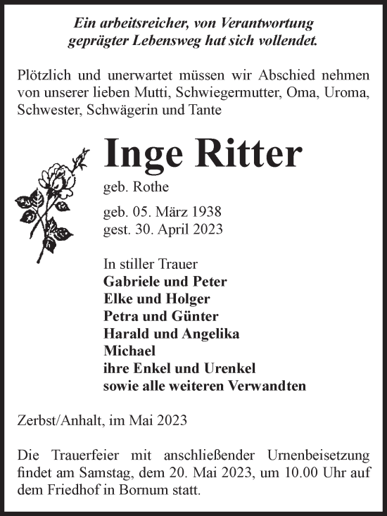 Traueranzeige von Inge Ritter von Volksstimme Zerbst
