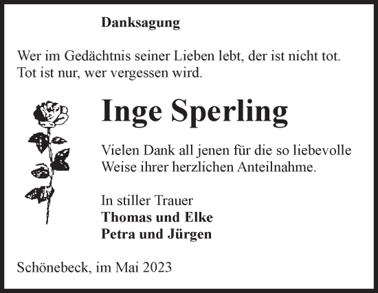 Traueranzeige von Inge Sperling von Volksstimme Schönebeck