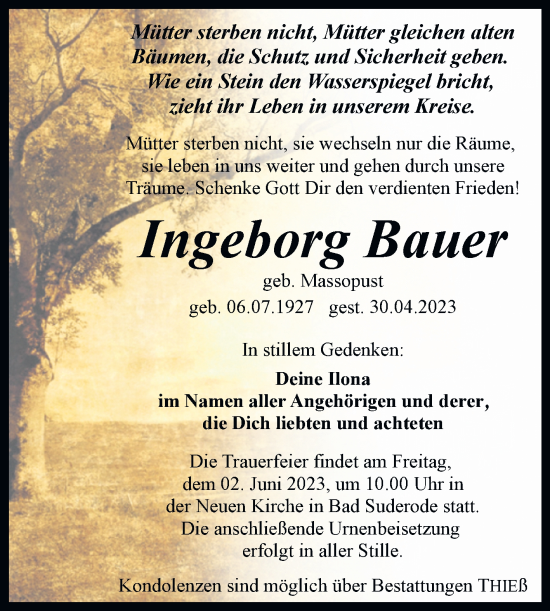 Traueranzeige von Ingeborg Bauer von Trauerkombi Quedlinburg