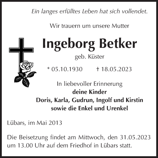 Traueranzeige von Ingeborg Betker von Volksstimme Altmark Ost